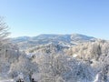 Mysterious winter landscape majestic mountains in winter. Magical winter snow covered tree. Winter road in the mountains. In antic Royalty Free Stock Photo