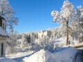 Mysterious winter landscape majestic mountains in winter. Magical winter snow covered tree. Winter road in the mountains. In antic Royalty Free Stock Photo