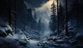 Mysterious winter night dark forest, snowy mountains, spooky fog generated by AI Royalty Free Stock Photo