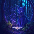 Mysterious witch cat sitting at the book in the darkness of the forest Leonardo AI Computer Generated image Royalty Free Stock Photo