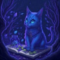 Mysterious witch cat standing at the book in the darkness of the forest Leonardo AI Computer Generated image Royalty Free Stock Photo
