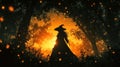 Mysterious Witch in Enchanted Forest at Sunset A silhouette of a witch with a pointed hat stands in a magical forest The sun Royalty Free Stock Photo