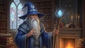 Mysterious wizard casting spell in ancient library Royalty Free Stock Photo