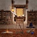 Spellbound antique empty room with a wizard hat