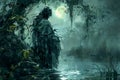 Mysterious Woman in Dark Fantasy Forest with Moonlight and Mist, Artistic Moody Nature Scene Illustration Royalty Free Stock Photo