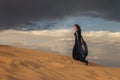 Mysterious Woman in Flowing Black Dress on Stormy Beach: Gothic Fantasy Scene with Dark Clouds and Flying Birds