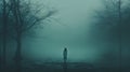 Mysterious Woman In Long Gown Standing In Teal Fog