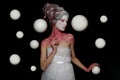 Mysterious woman with pink and white skin holding white planet spheres on black background. Astrology, magic, fantastic and space