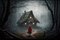 Mysterious woman in red cloak standing in front of old wooden house. Generative AI