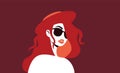 Mysterious woman in sunglasses. Stylish sexy girl with red hair and hat looks forward.