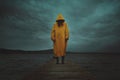 Mysterious woman with yellow coat on lake pier Royalty Free Stock Photo