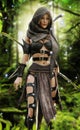 Mysterious wood elf warrior in a mystical forest setting. Royalty Free Stock Photo
