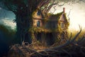 mysterious wooden abandoned house overgrown with crooked trees and bushes