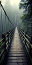 Mysterious Wooden Bridge In Enchanting Foggy Forest