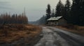 Mysterious Wooden Cabin: A Dark House On A Dirt Road In The Forest Royalty Free Stock Photo
