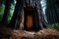 Mysterious wooden doorway hidden within ancient forest tree Royalty Free Stock Photo