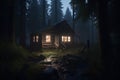 Mysterious wooden house in the forest at night, 3d render Royalty Free Stock Photo