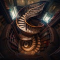 Mysterious wooden winding stairs in the old-style building. Numerous bookshelves around the staircase. View from top. Generative Royalty Free Stock Photo
