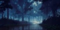 Mysterious night forest with creepy trees on river Royalty Free Stock Photo