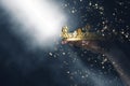 Mysteriousand magical image of woman`s hand holding a gold crown over gothic black background. Medieval period concept.