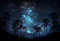 Bottom view of the silhouettes of trees against the background of sparkling stars. AI Generated