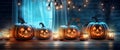 mystery background pumpkin table fear blue halloween evil grave night horror. Generative AI. Royalty Free Stock Photo