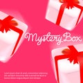 Mystery box hand written in front flying gift box with ribbon tied girly pink background Royalty Free Stock Photo