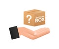 Mystery box with hands. Packaging for concept design. Surprise present. Package design. Help symbol. Question mark icon Royalty Free Stock Photo