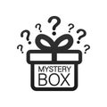 Mystery box. Packaging for concept design. Surprise present. Package design. Help symbol. Question mark icon. Vector stock