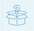 Mystery box. Packaging for concept design. Surprise present. Package design. Help symbol. Question mark sketch icon Royalty Free Stock Photo