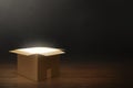 Mystery cardboard box on dark background 3d illustrations