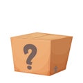 Mystery cardboard box with question, closed present in cartoon style isolated on white background. Funny lucky package