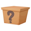 Mystery cardboard box with question, closed present in cartoon style isolated on white background. Funny lucky package