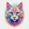 Mystery cat head on white background. Vivid color patterns on animal. Tattoo, notebook cover, print concept