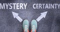 Mystery and certainty as different choices in life - pictured as words Mystery, certainty on a road to symbolize making decision