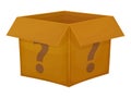 Mystery contest cardboard box. Mystery box gift question icon.