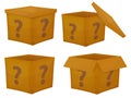 Mystery contest cardboard box set. Various of mystery box gift question icon.