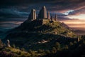 Mystery creepy view of Roman Forum at night. Amazing night illuminated view of the Saint Nicholas Roman Catholic Cathedral House Royalty Free Stock Photo