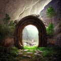 Mystery door way to parallel world connecting time and space. Fantasy portal as passage through cave rocky wall video