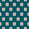 Mystery Gift Box with question mark seamless pattern isolated on color background Royalty Free Stock Photo