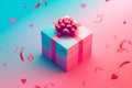 Mystery gift box with ribbon on solid bold background. Isometric view of present or giftbox with bow,