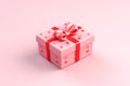 Mystery gift box with ribbon on solid bold background. Isometric view of present or giftbox with bow,