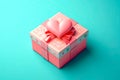 Mystery gift box with ribbon on solid bold background. Isometric view of present or giftbox with bow,