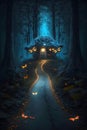 Mystery glowing house and butterflies in the magical forest. Fairytale background. Generated AI