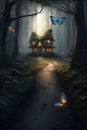 Mystery glowing house in the magical forest. Fairytale background. Generated AI