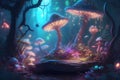 Mystery glowing mushrooms in the magical forest. Fairytale background. Generated AI