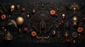 a Mystery Halloween background with pumpkins spiderwebs skeletons, and spiders on a black background, AI generated Royalty Free Stock Photo