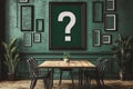 Mystery And Intrigue Wall With Question Mark In Empty Frame And Wooden Table In The Room Royalty Free Stock Photo