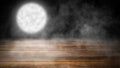 Mystery moon with smoke on wooden tabletop. Mystical night background for design and copyspace Royalty Free Stock Photo