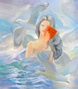 Mystery of Ocean Queen. Oil painting on canvas. Beautiful mermaid playing with seagulls in front of fury of the elements. Fantasy